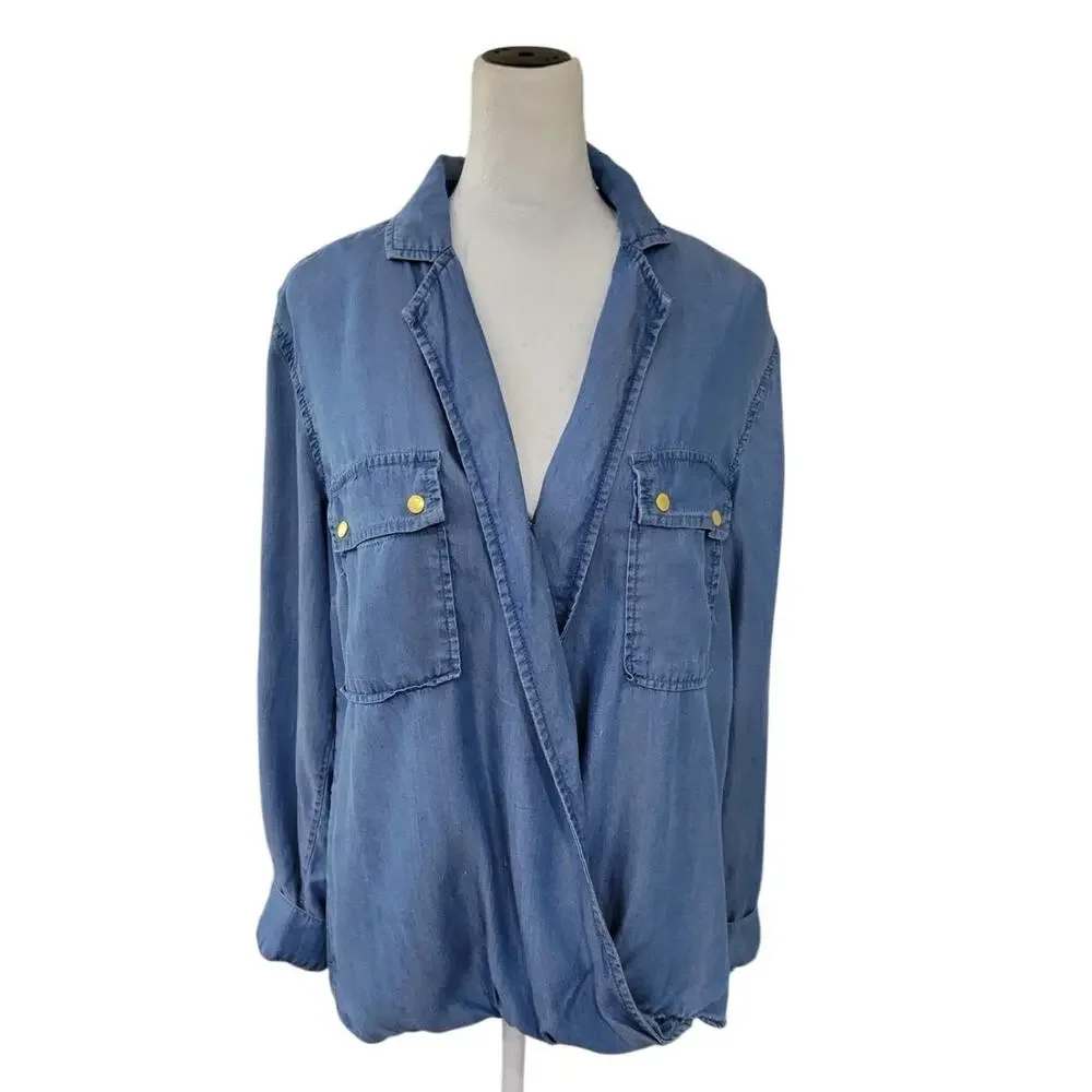 Michael Kors Chambray Blouse Top Women's Small Blue Lyocell‎ Surplice Crossover